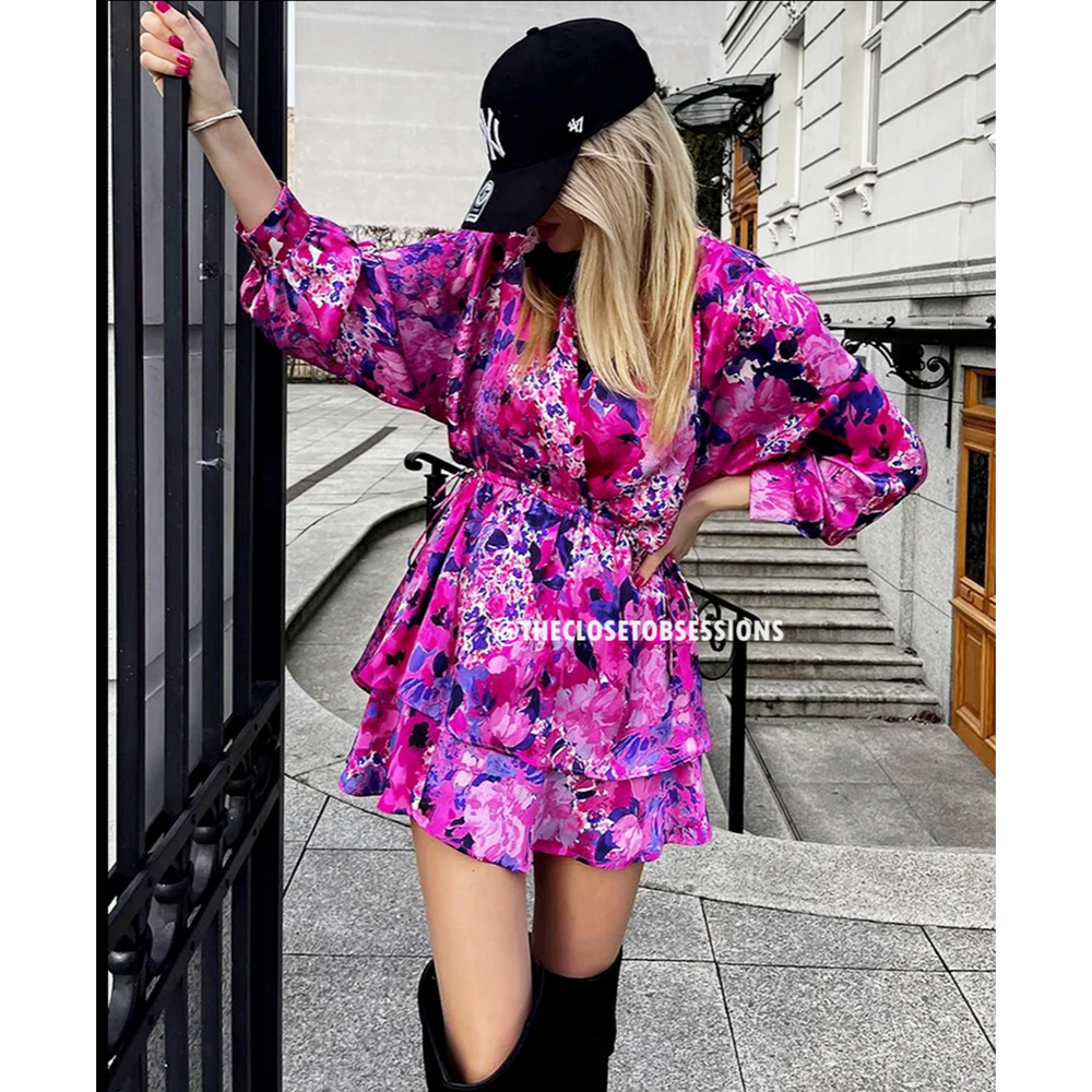 ZARA Pink Floral V Neck Mini Dress NWT Flounce Hem Resort Vacation Dress M - Picture 9 of 16